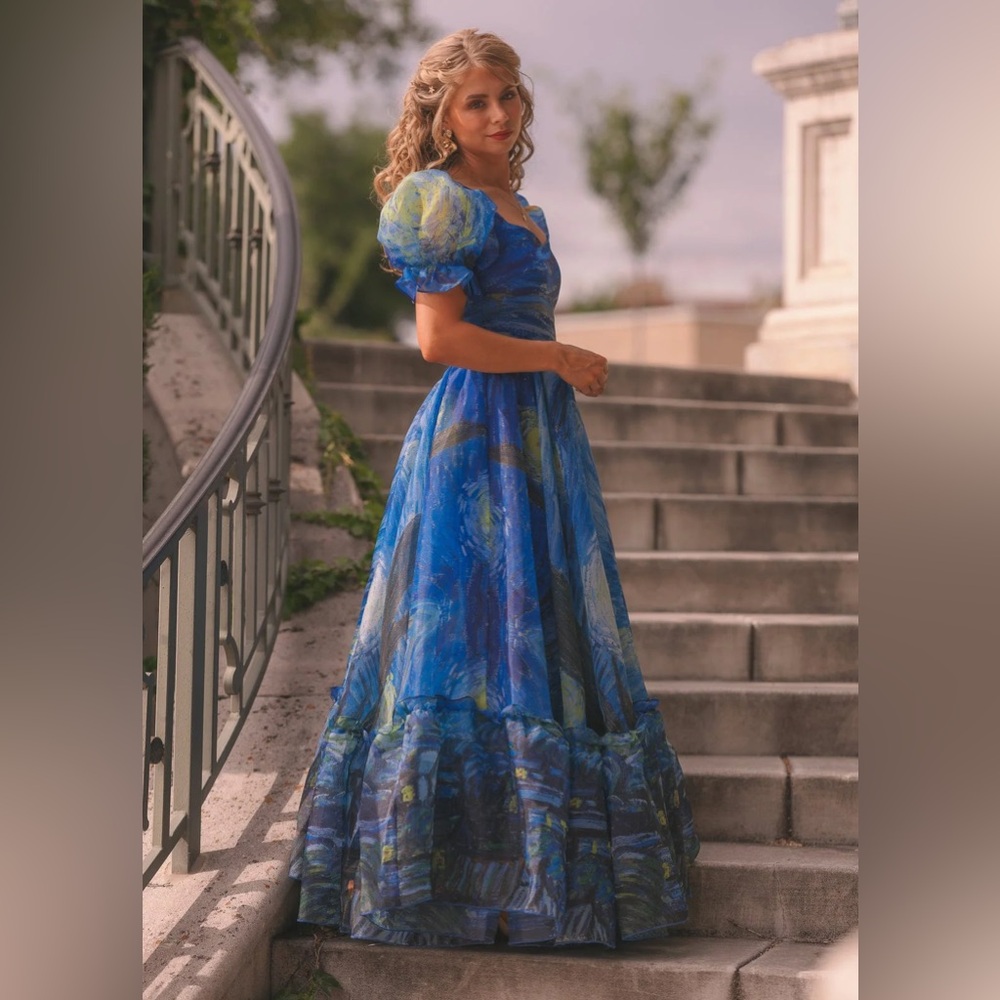 JessaKae Starry Nights VanGogh Puff Sleeve Princess Poof Maxi Formal Gown Dress